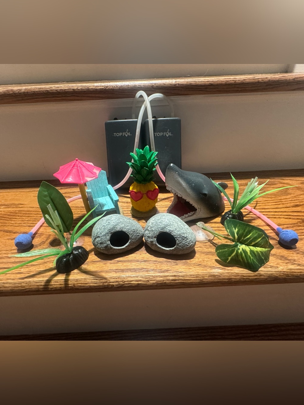 Beach themed figurines, greenery, hideaways & battery operated air pumps